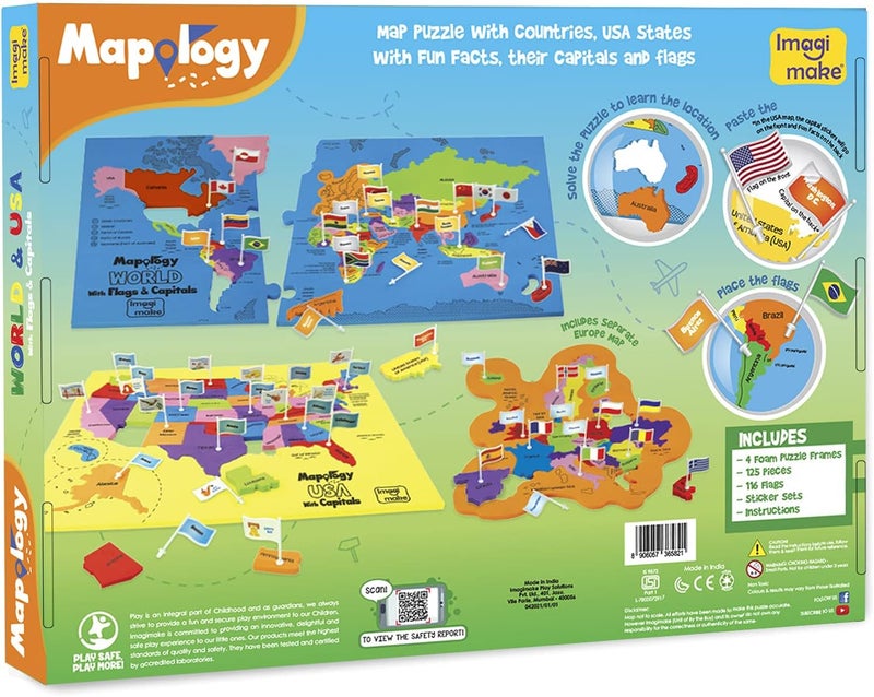 Imagimake Mapology USA & World Map Puzzle with Flags, Capitals, Stickers | Educational Toys for Ages 5-7 | Jigsaw Puzzles for Kids Ages 8-10 | Geography Toys for Age 8-13 | 6 Year Old Boy & Girl Gifts - Image 4